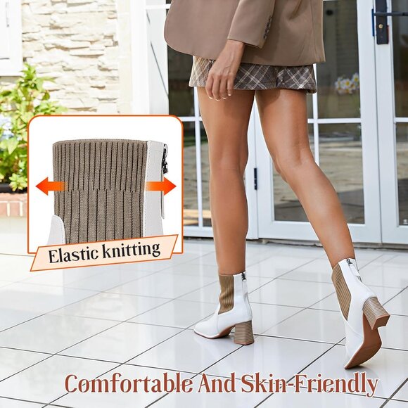 Women's Square Toe Ankle White Boots Low Block Heel Chelsea Mid Calf Booties - Picture 3 of 7